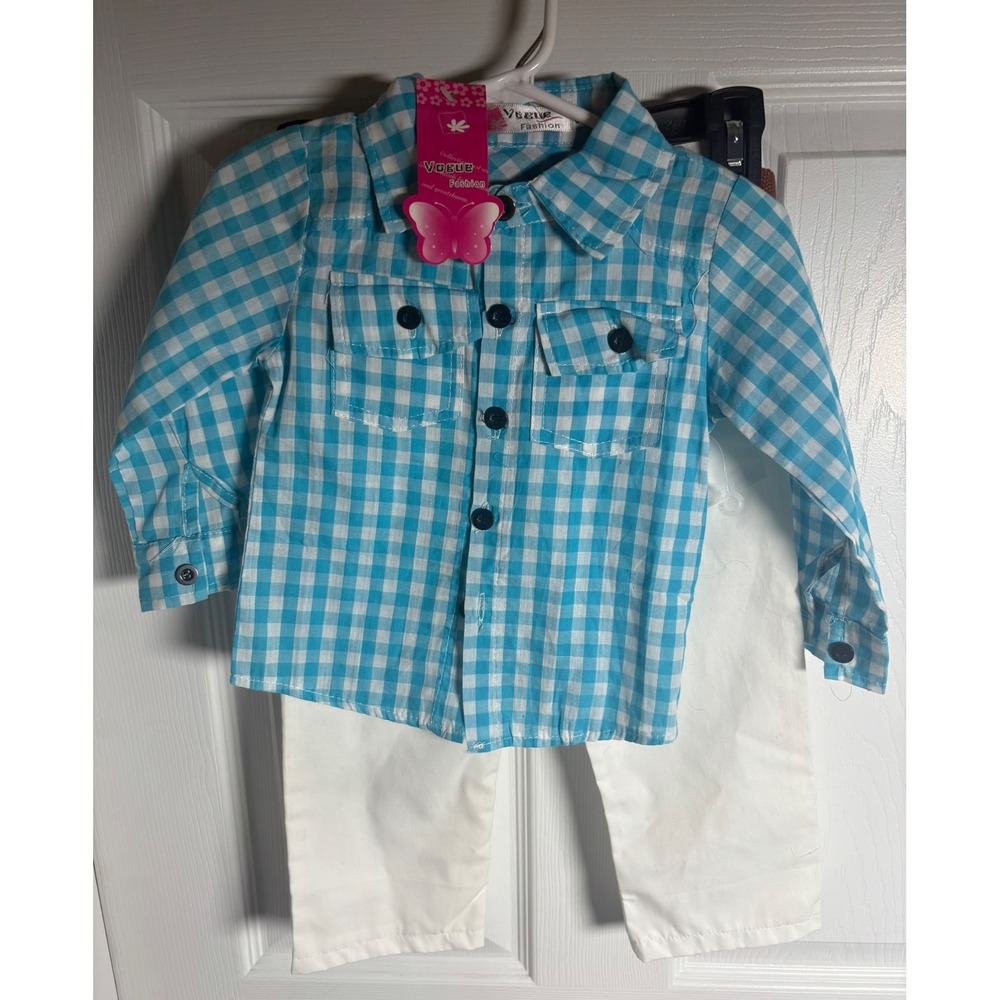 Vogue‎ Fashion Kids Turquoise Gingham Button Down Shirt Pants Set Size 2